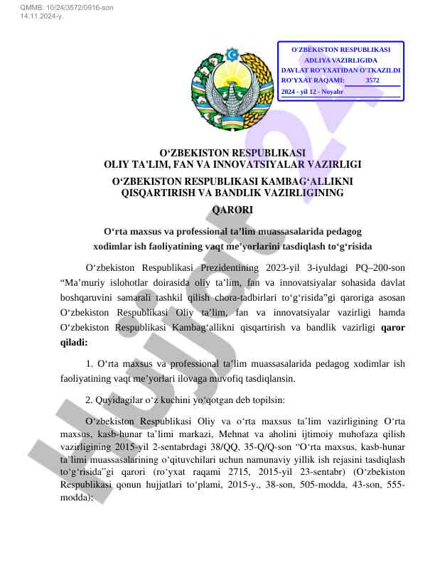 Pedagog xodimlar ish faoliyati vaqt me'yorlari