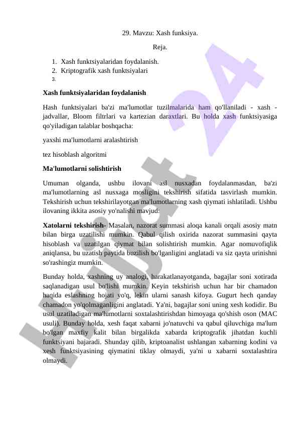 Xash funktsiyalari va kriptografiya foydalanish