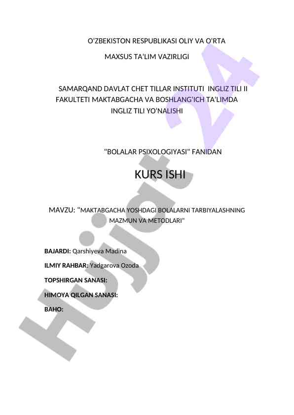Maktabgacha yoshdagi bolalarni tarbiyalash usullari