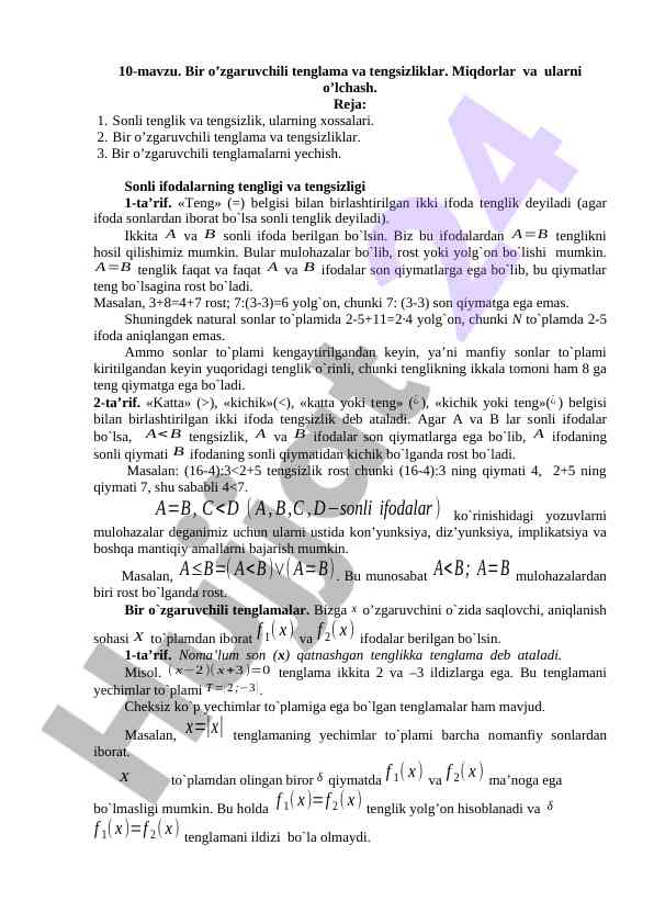Bir o’zgaruvchili tenglama va tengsizliklar