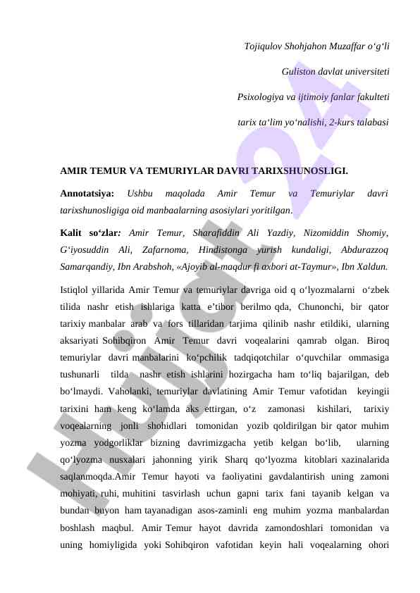 Amir temur va temuriylar davri tarixshunosligi