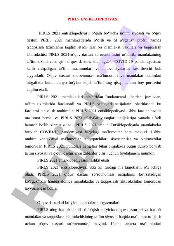Pirls 2021 ensiklopediya o‘qish ta'limi bo‘yicha