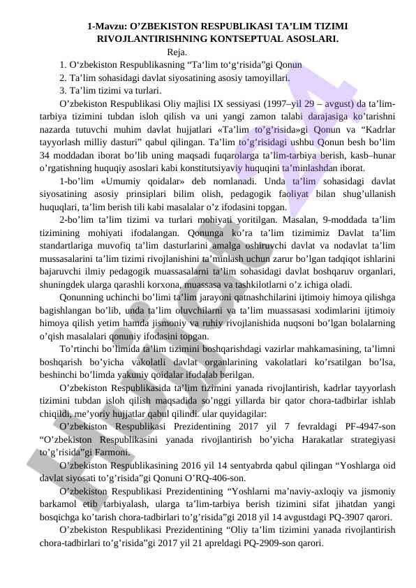 O‘zbekiston respublikasi ta’lim tizimi rivojlantirish asoslari