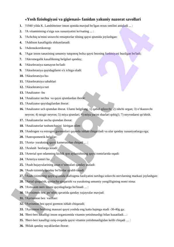 Yosh fiziologiyasi va gigienasi fanidan savollar
