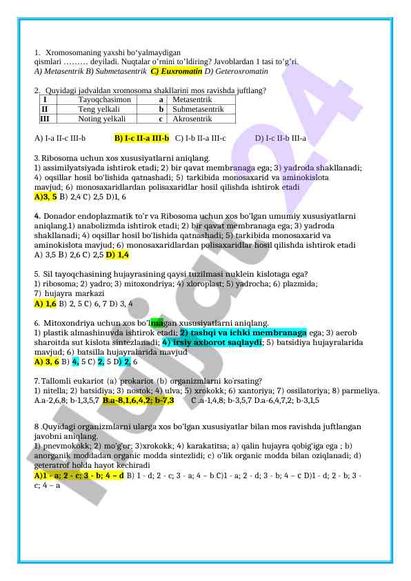 Biologik tekshiruvlar uchun test savollari