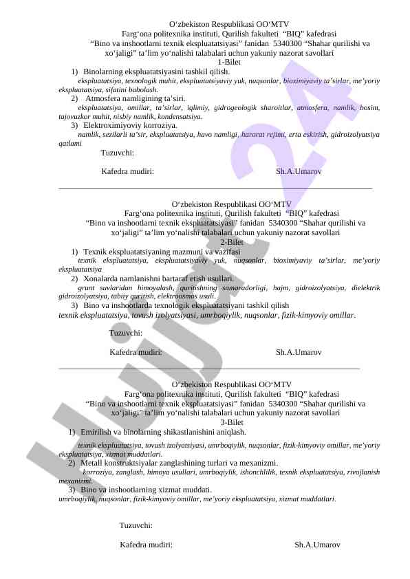 Bino va inshootlarni texnik ekspluatatsiyasi savollari