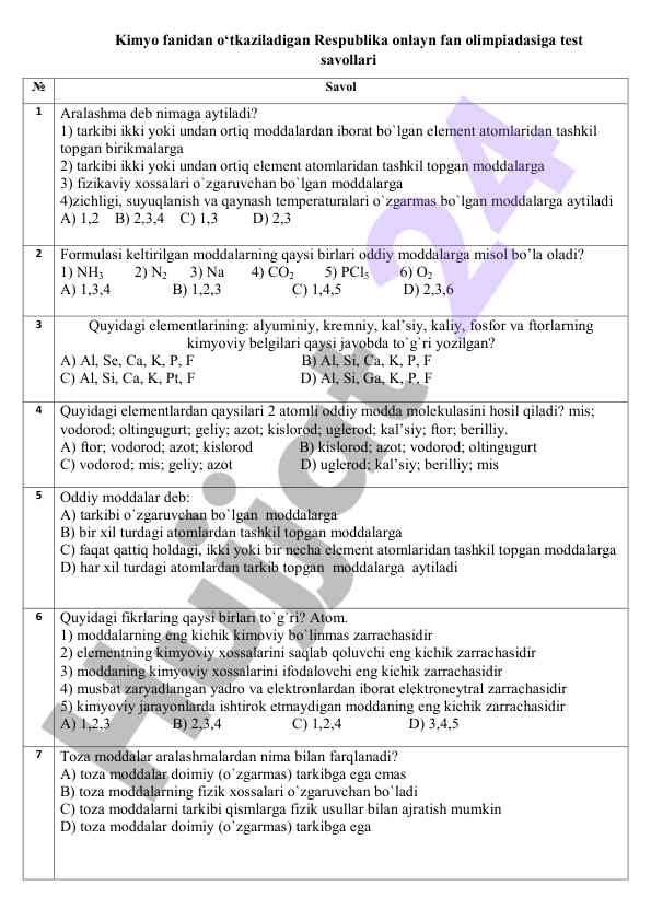 Kimyo fanidan onlayn olimpiada test savollari