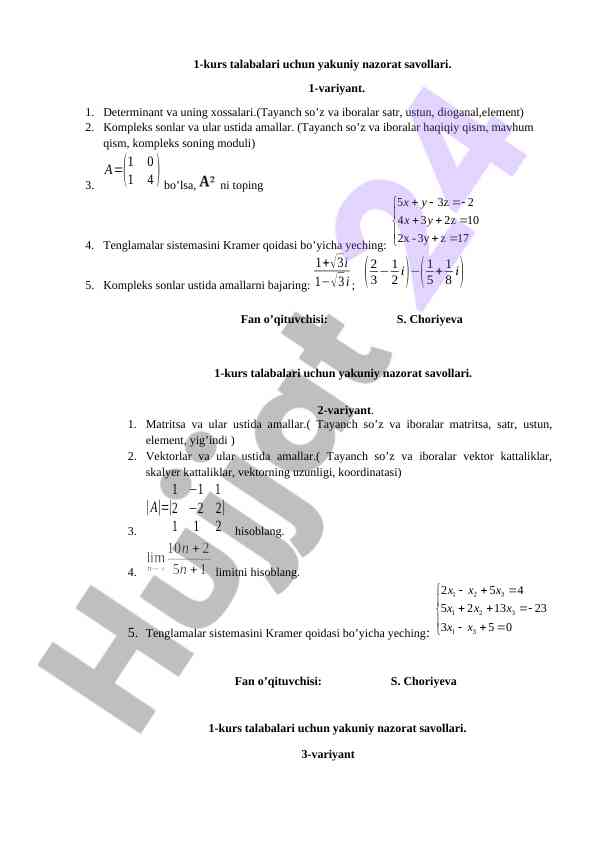 1-kurs talabalari uchun yakuniy nazorat savollari