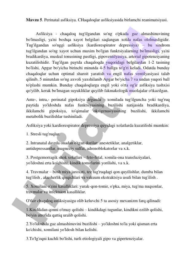 Perinatal asfiksiya va chaqaloqlar reanimatsiyasi