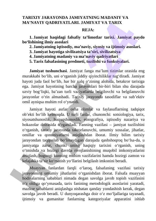 Jamiyatning madaniy va ma’naviy qadriyatlari tarixi