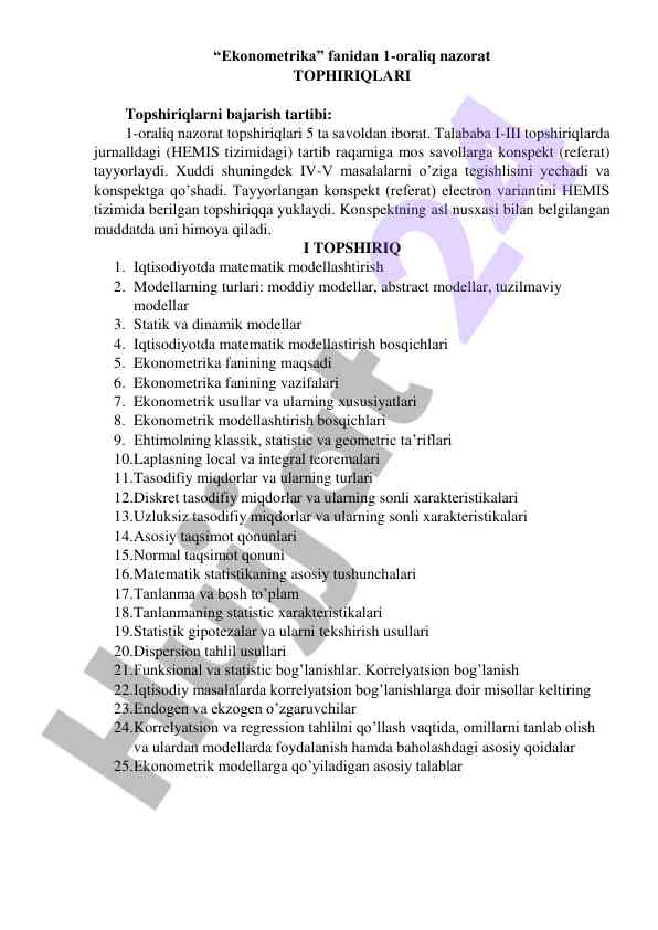 Ekonometrika fanidan 1-oraliq nazorat topshiriqlari
