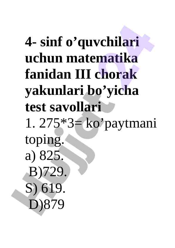 Matematika fanidan 4-sinf test savollari