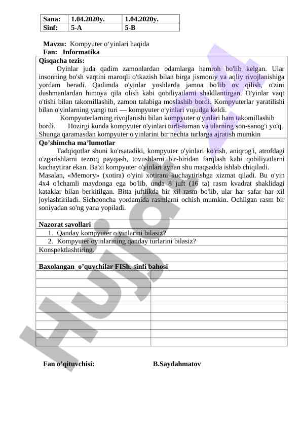 Kompyuter o‘yinlari va word mavzulari