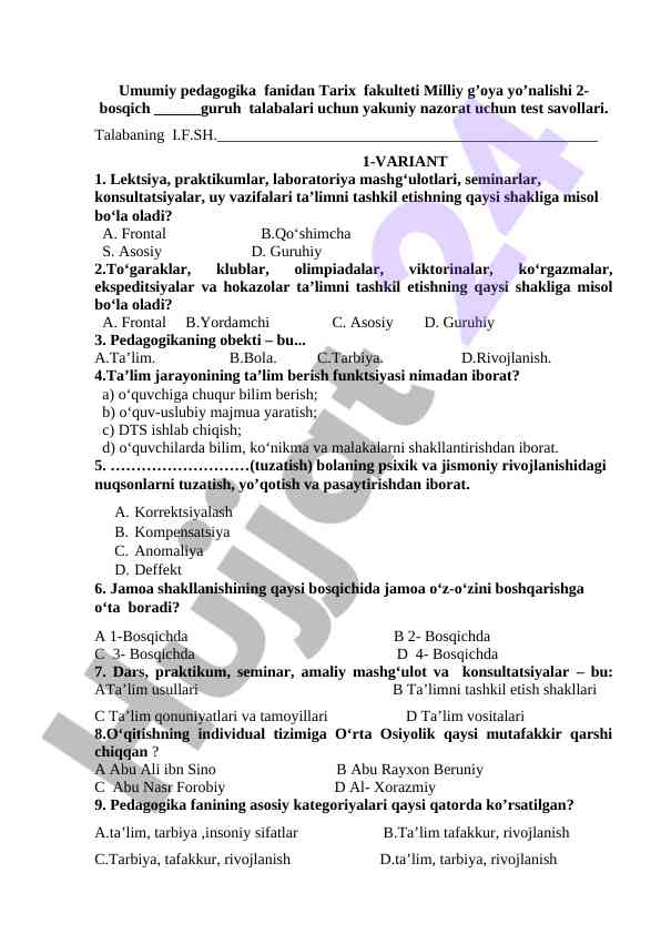 Umumiy pedagogika fanidan nazorat test savollari