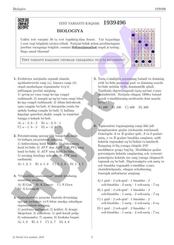 Biologiya test varianti raqami 1939496
