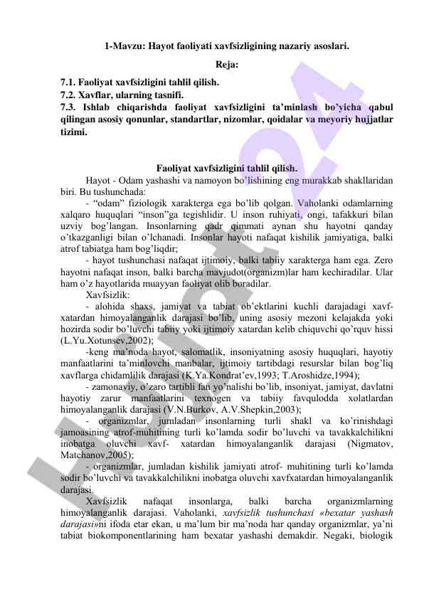 Hayot faoliyati xavfsizligining nazariy asoslari