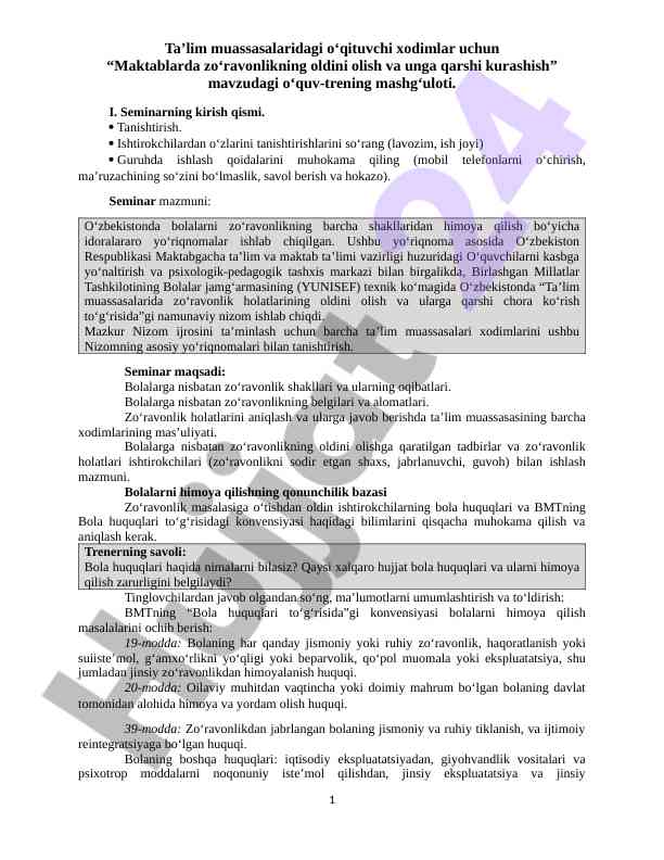 Maktablarda zoʻravonlikni oldini olish tarzlari