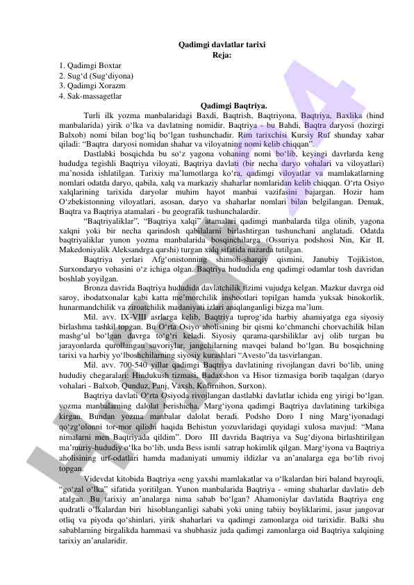Qadimgi davlatlar tarixi va baqtriya haqida ma'lumotlar