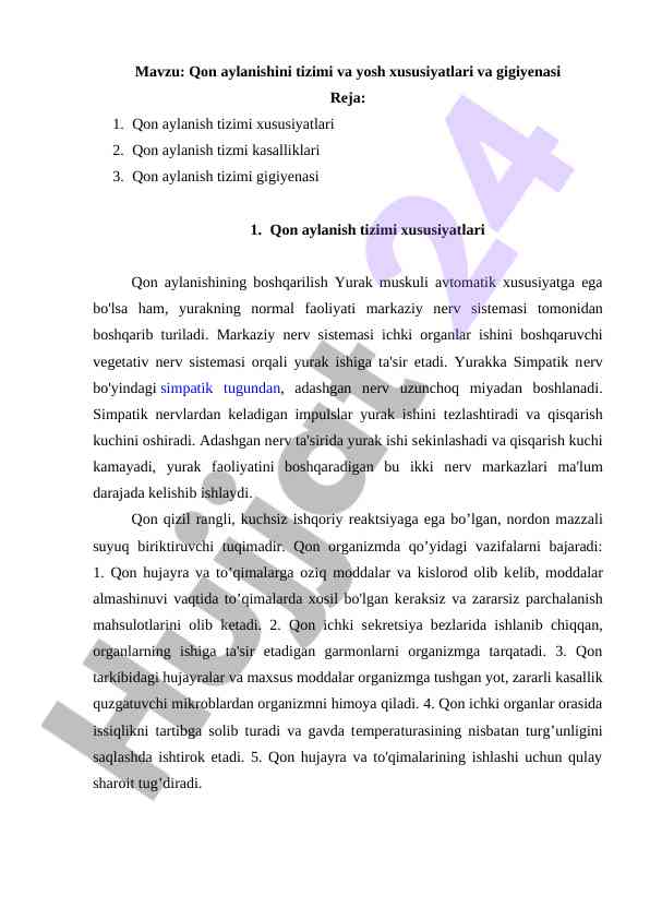 Qon aylanishi tizimi va gigiyenasi