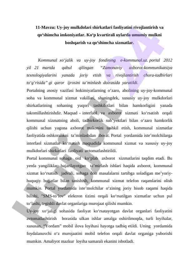 Uy-joy mulkdorlari shirkatlari faoliyatini rivojlantirish