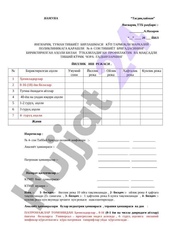 Profilaktik tibbiy ko'rik yillik ish rejasi