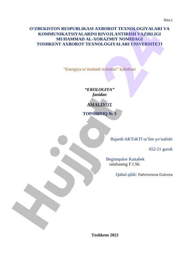 Energiya ta'minlash tizimlari bo'yicha amaliyot topshiriqi
