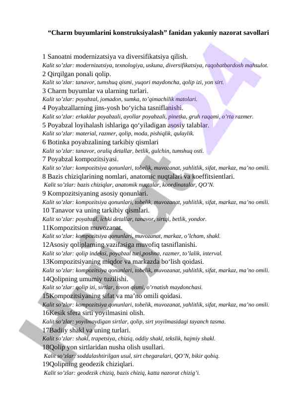 Charm buyumlarini konstruksiyalash nazorat savollari