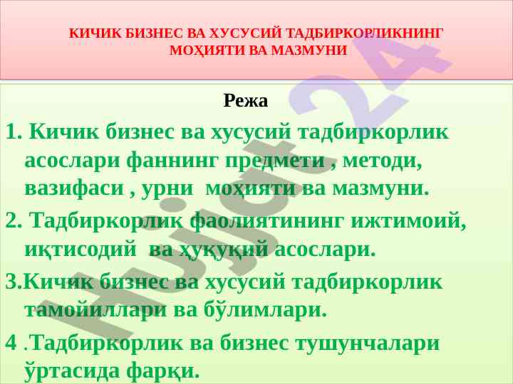 Kichik biznes va xususiy tadbirkorlik asoslari