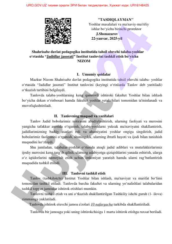Jadidlar jasorati tanlovi nizomi haqida ma'lumotlar
