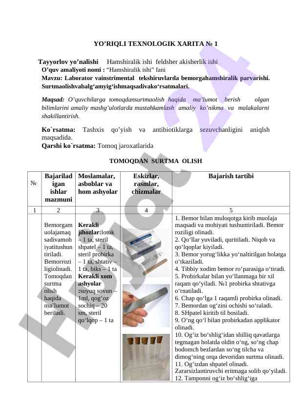 Tayinlangan hamshiralik ishlari bo‘yicha yo‘riqnomalar