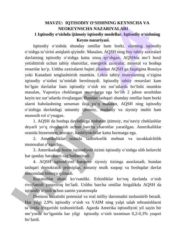 Iqtisodiy o‘sishning keynscha va neoke ynscha nazariyalari