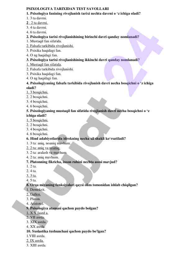 Psixologiya tarixidan test savollari