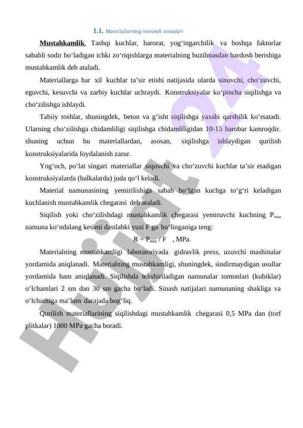 Materiallarning mexanik xossalari mustahkamlik