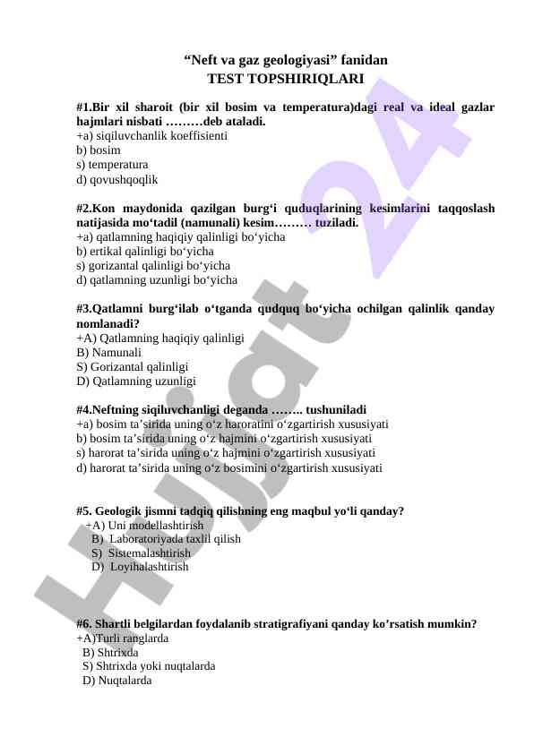 Neft va gaz geologiyasi fanidan test topshiriqlari