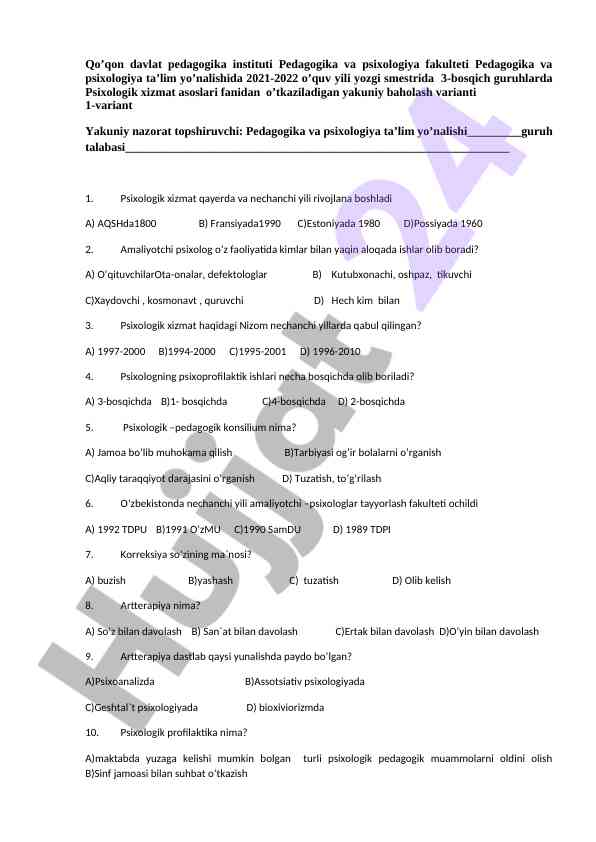 Psixologik xizmat asoslari baholash varianti