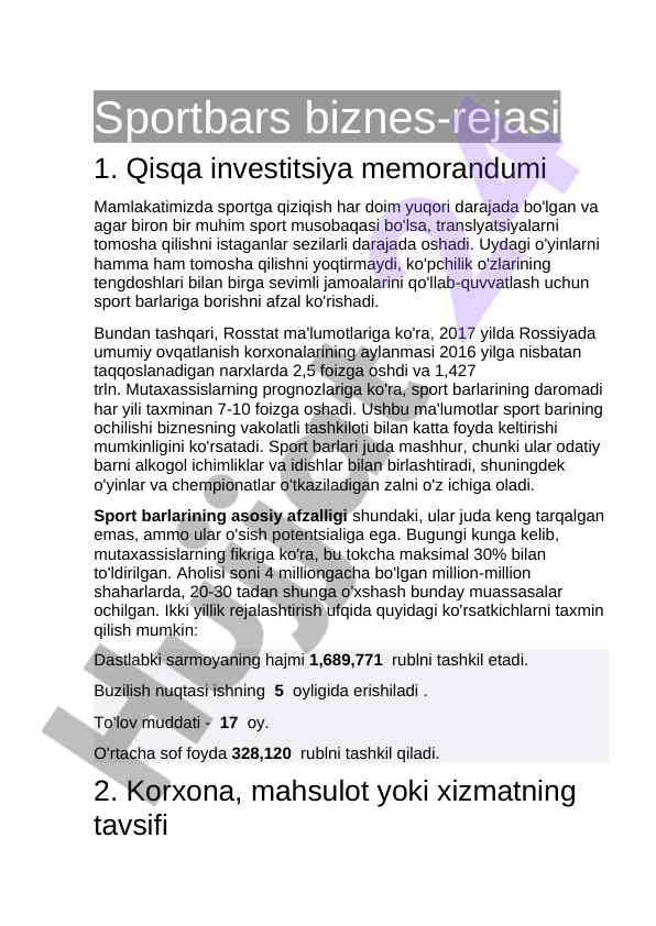 Sportbars biznes-rejasi investitsiya memorandumi