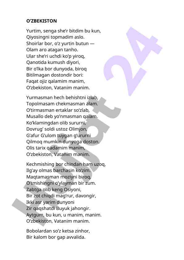 O'zbekiston vatanim ular she'rida qalam