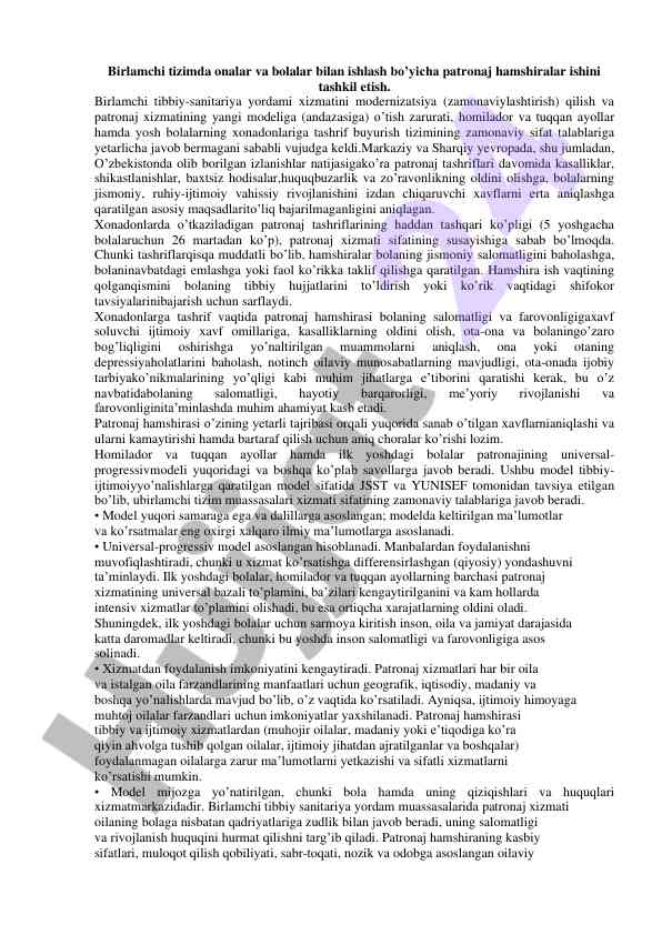 Patronaj hamshiralar ishining tashkili va modernizatsiyasi