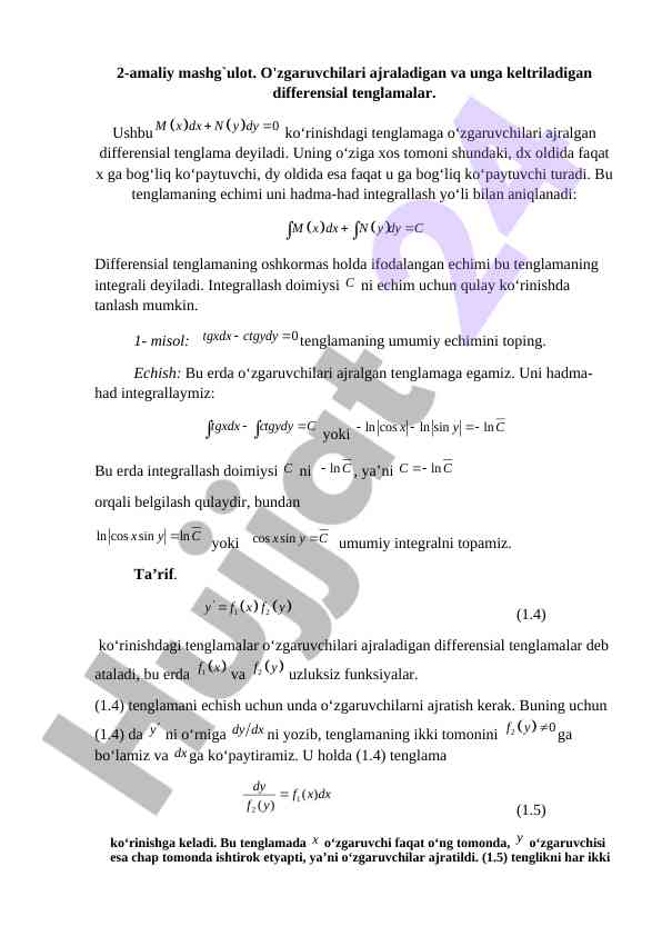 Ajraladigan o'zgaruvchilari differensial tenglamalar