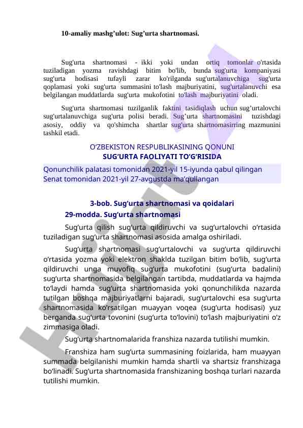 Sug'urta shartnomasi bo'yicha amaliy mashg'ulot