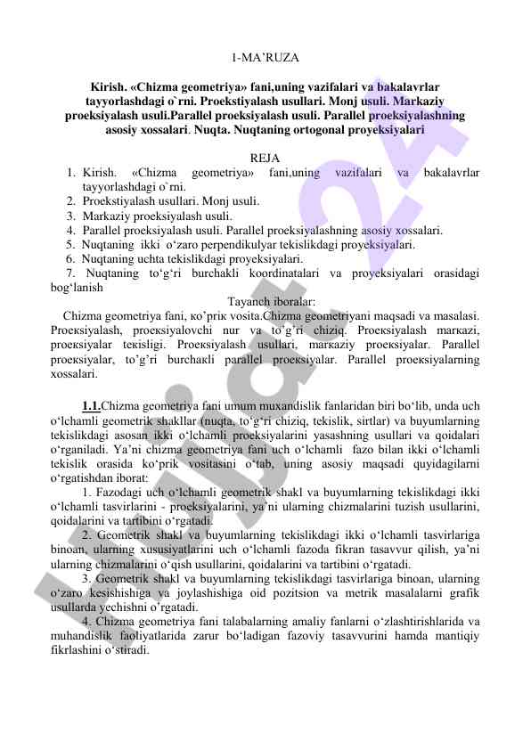 Kirish chizma geometriya fani va vazifalari