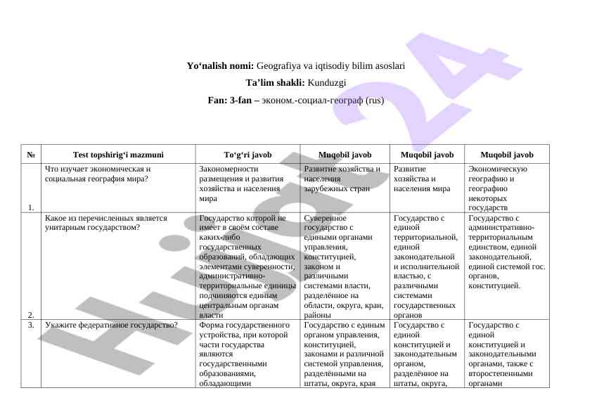 Iqtisodiy va ijtimoiy geografiya bo‘yicha testlar