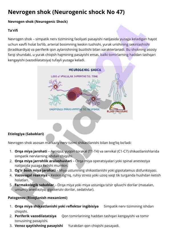 Nevrogen shok ta'rifi va etiologiyasi
