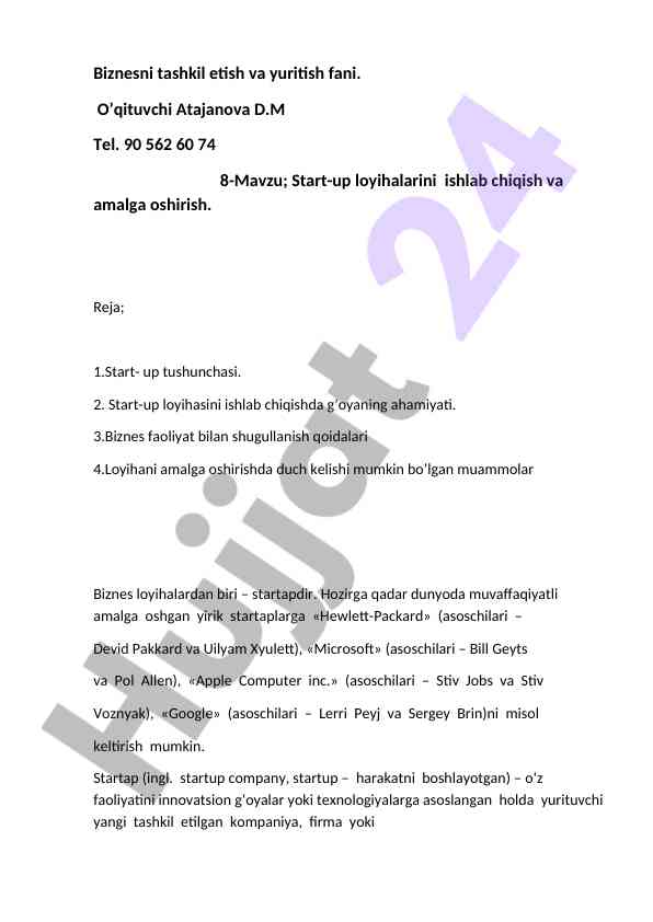 Start-up loyihalarini ishlab chiqish