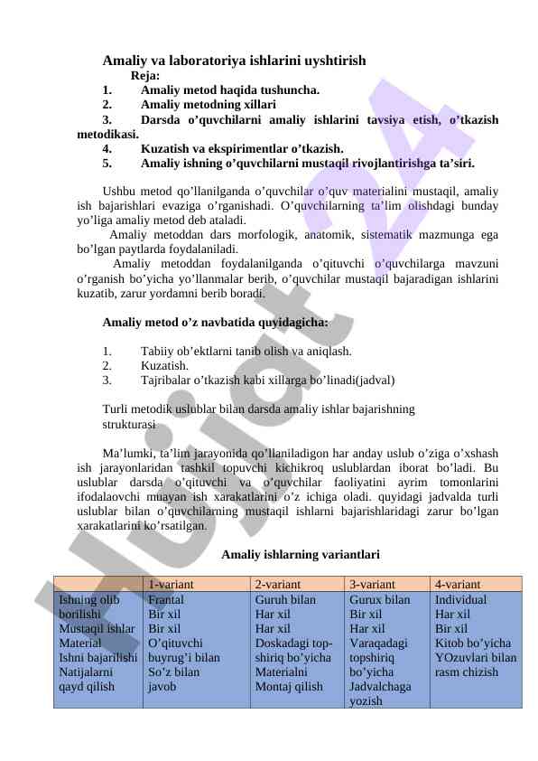 Amaliy va laboratoriya ishlarini uyshtirish metodikasi