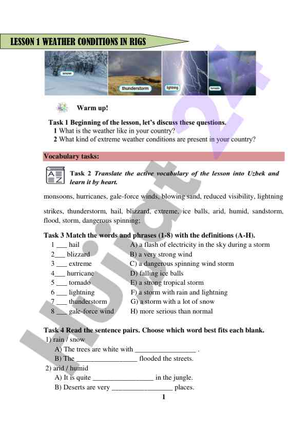 Weather conditions vocabulary tasks