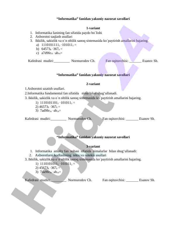 Informatika fanidan yakuniy nazorat savollari