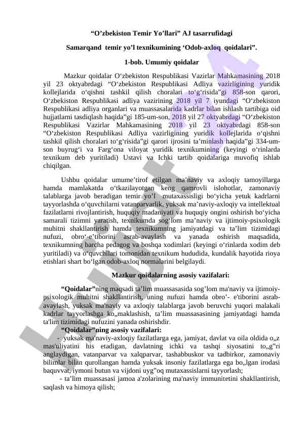 Odob-axloq qoidalari samarqand temir yo'l texnikumi