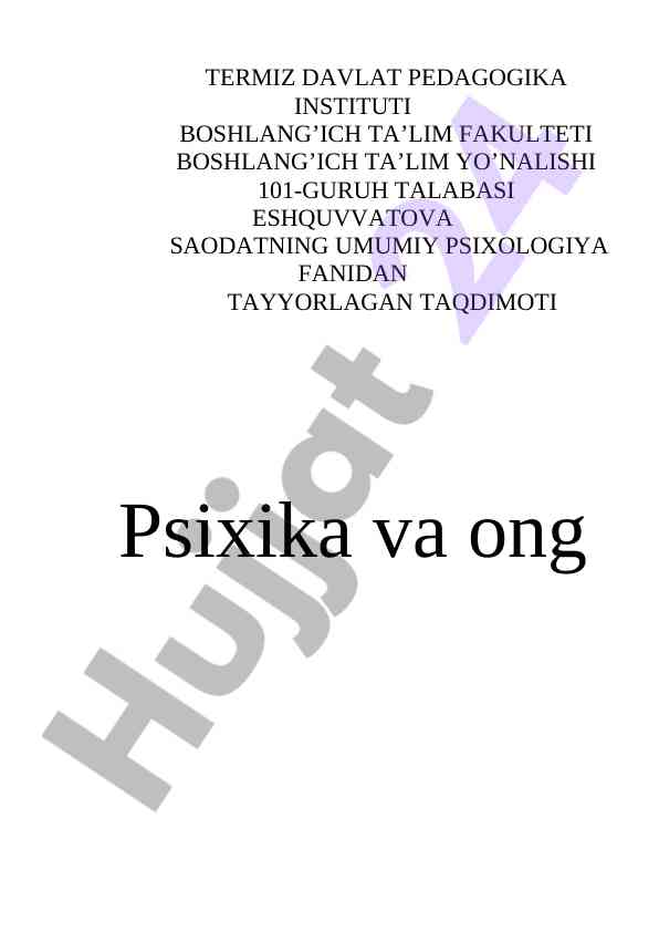 Umumiy psixologiya fanidan taqdimot