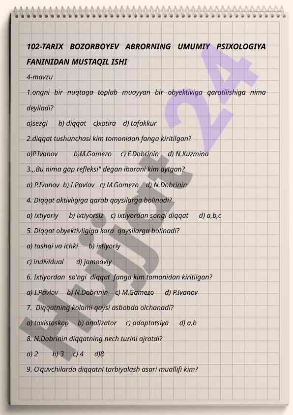 Umumiy psixologiya fanidan mustaqil ish 4-mavzu
